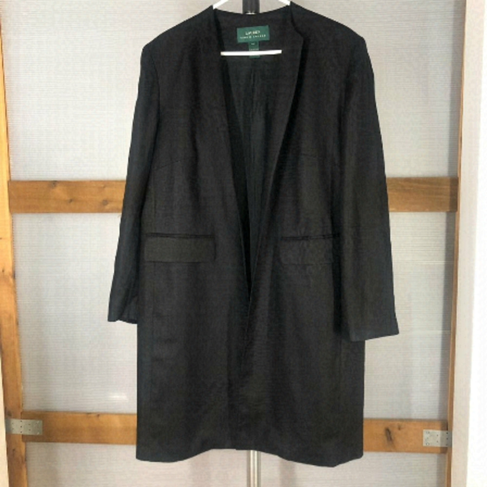 LAUREN RALPH‎ LAUREN 100% Linen Black Collarless Open Long Blazer Jacket Sz 14W